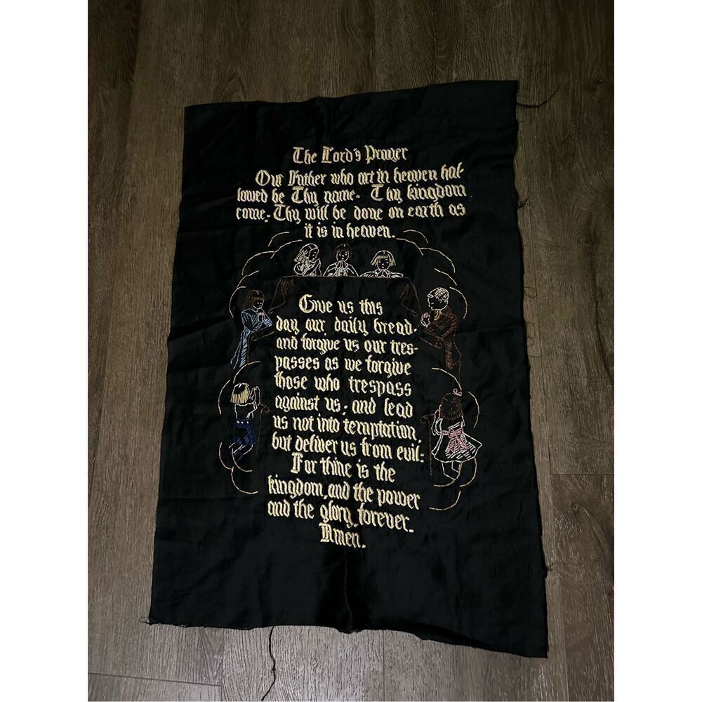 Vintage Hand Stitched The Lords Prayer Decor Unframed Fabric 26”x17” Black Gold